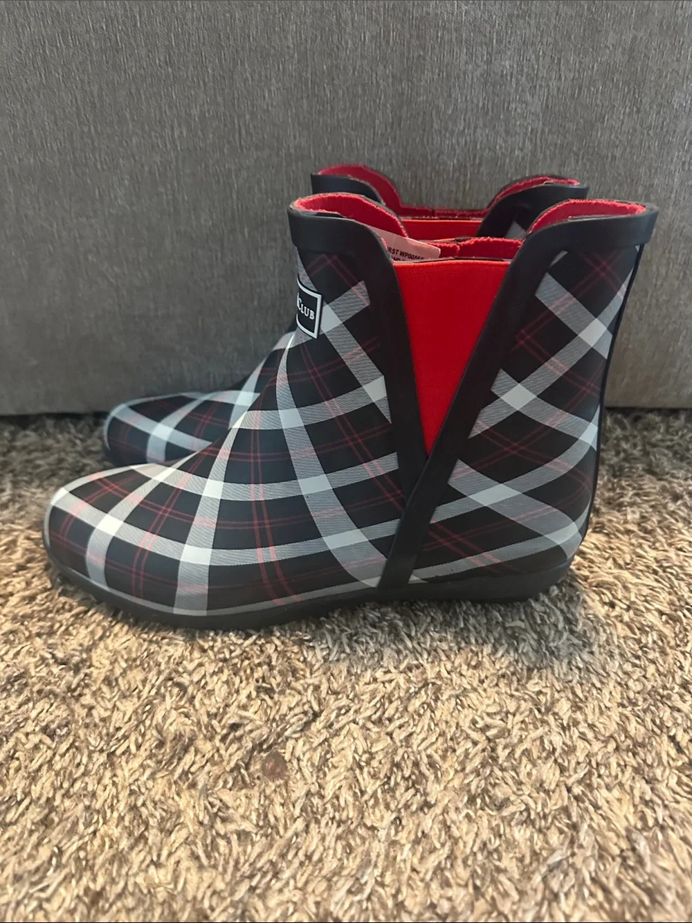 Charter Club Black Plaid Ankle Rain Boot with Red Trim x